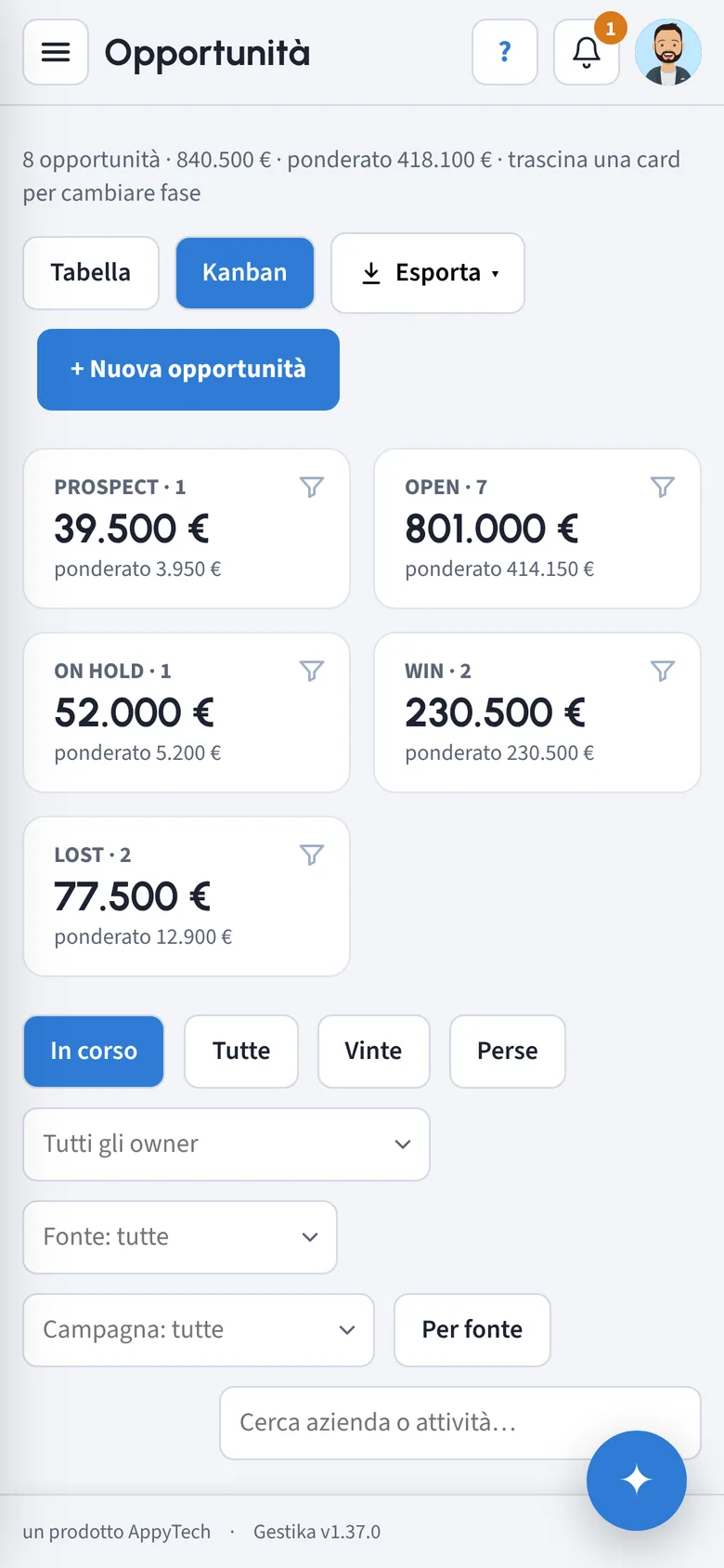 Opportunità di Gestika sullo smartphone: riquadri per stato e filtri