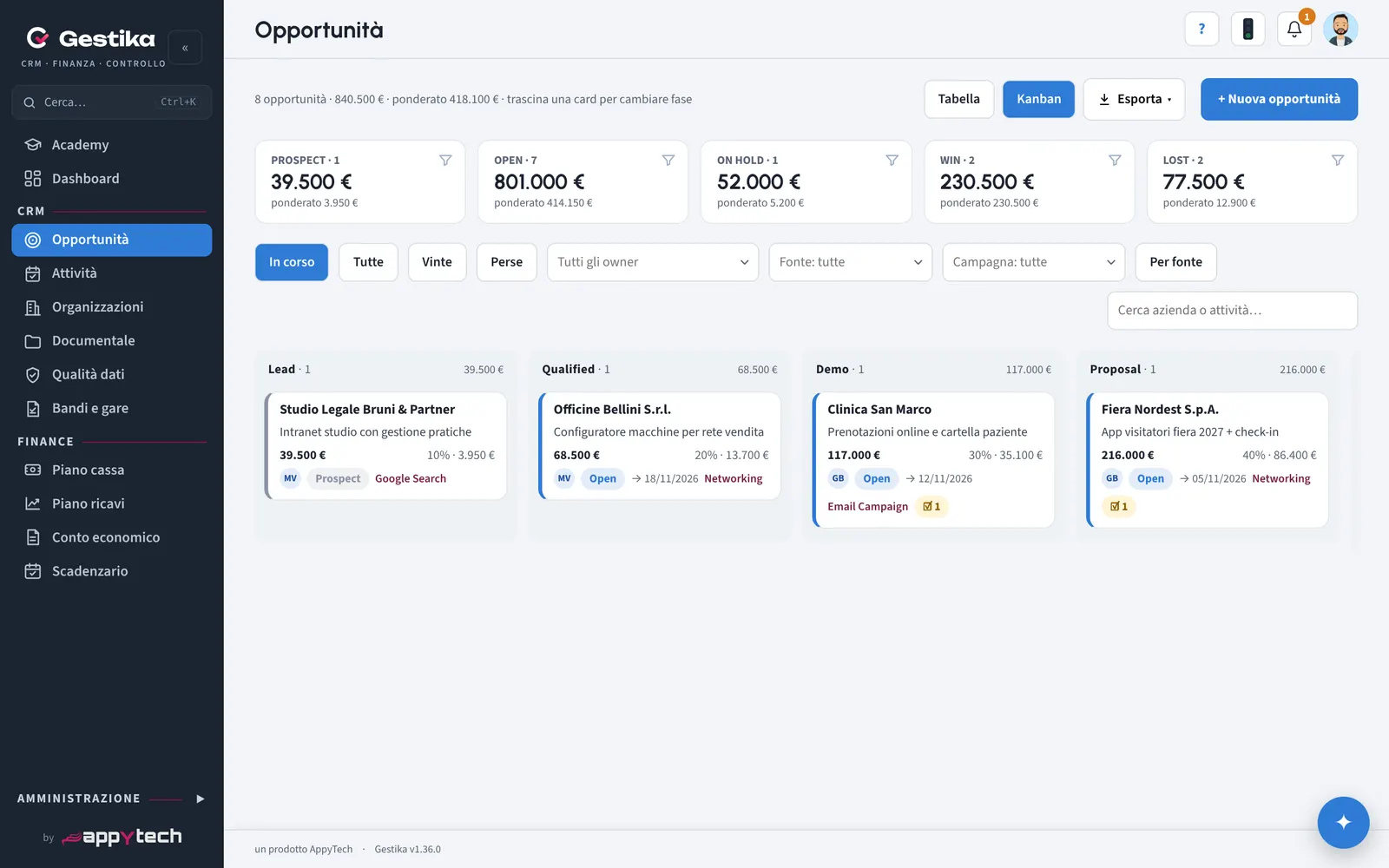 Opportunità in vista Kanban per fase con valori e probabilità